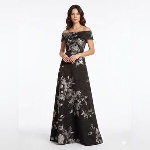 TERI JON Off The Shoulder Black and Gray Jacquard Floral Dress Altered Sz 18